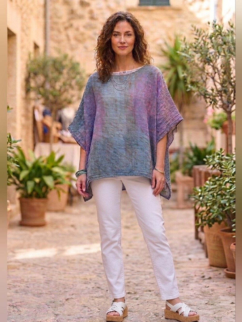Andrea Geer Art to Wear Cotton Gauze Poncho Top Abstract Purple Blue OS Fit